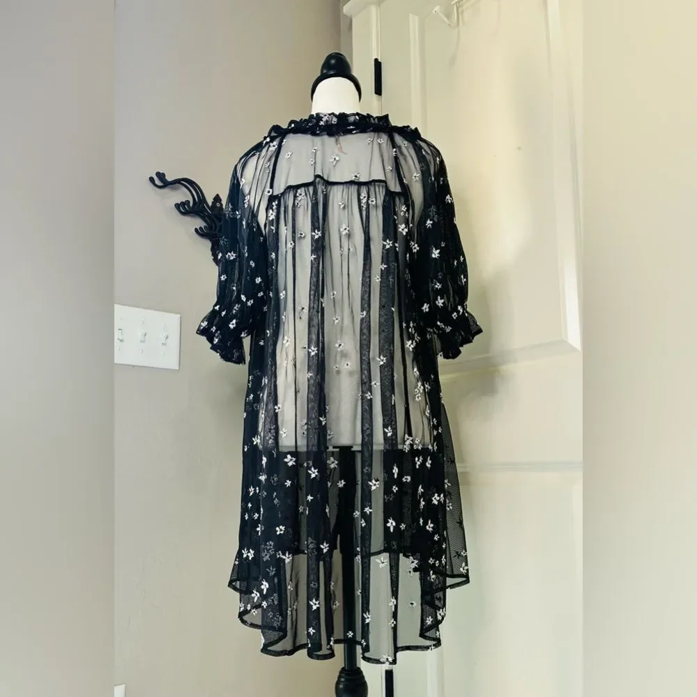 Free People Black Sheer Lace Embroidered Floral Tunic Top XS Boho Goth Festival - Picture 4 of 12